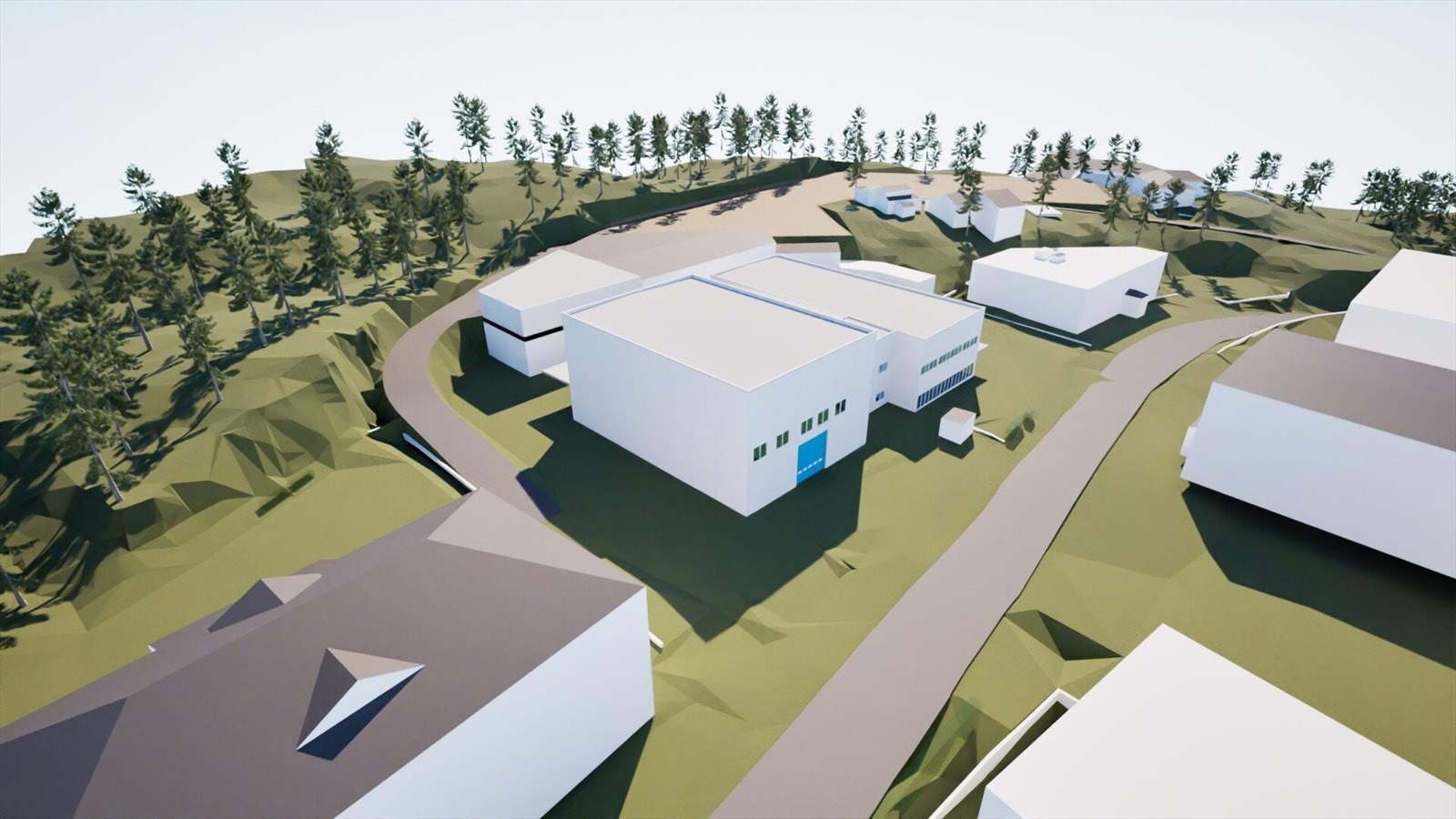 Eier har rammetillatelse for oppføring av ytterligere bygg på eiendommen, samt planere tomt i bakkant av dagens eiendom. Illustrasjoner viser muligheter.