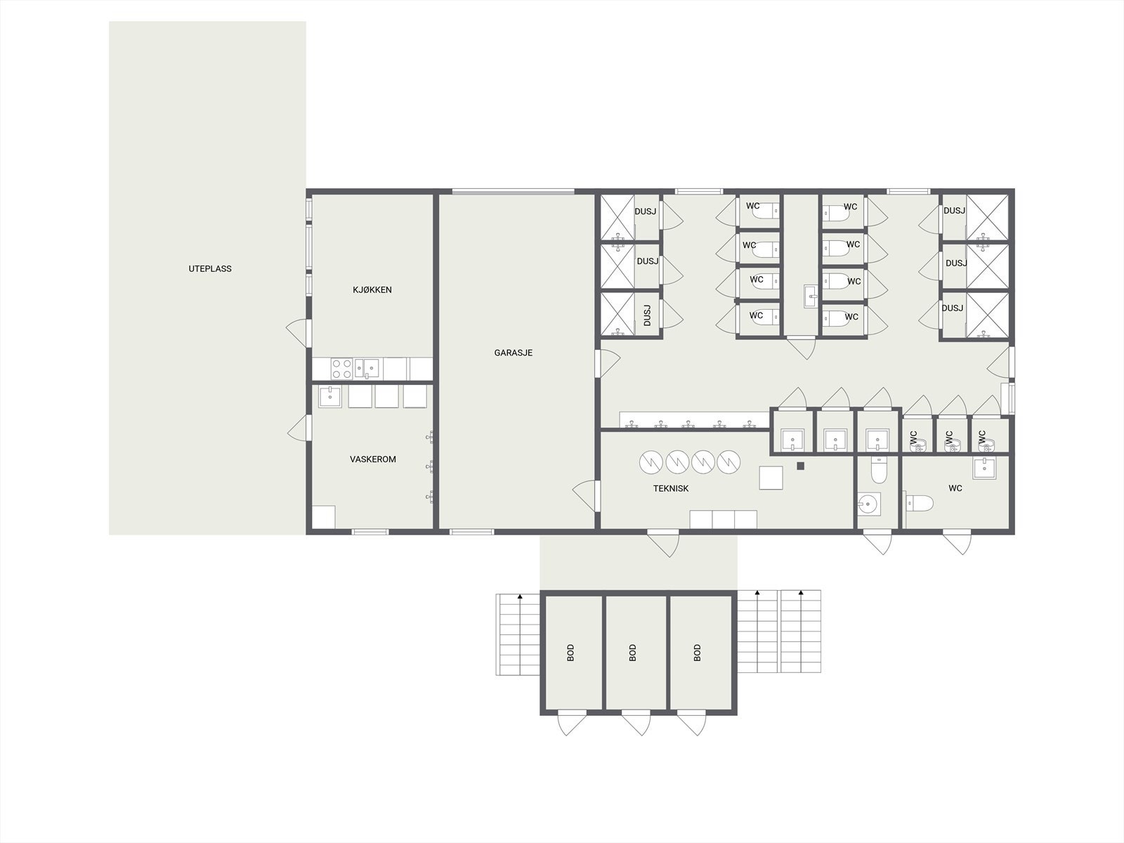 Plantegning 1. etg med servicefasiliteter og driftsbygning Galleribilde