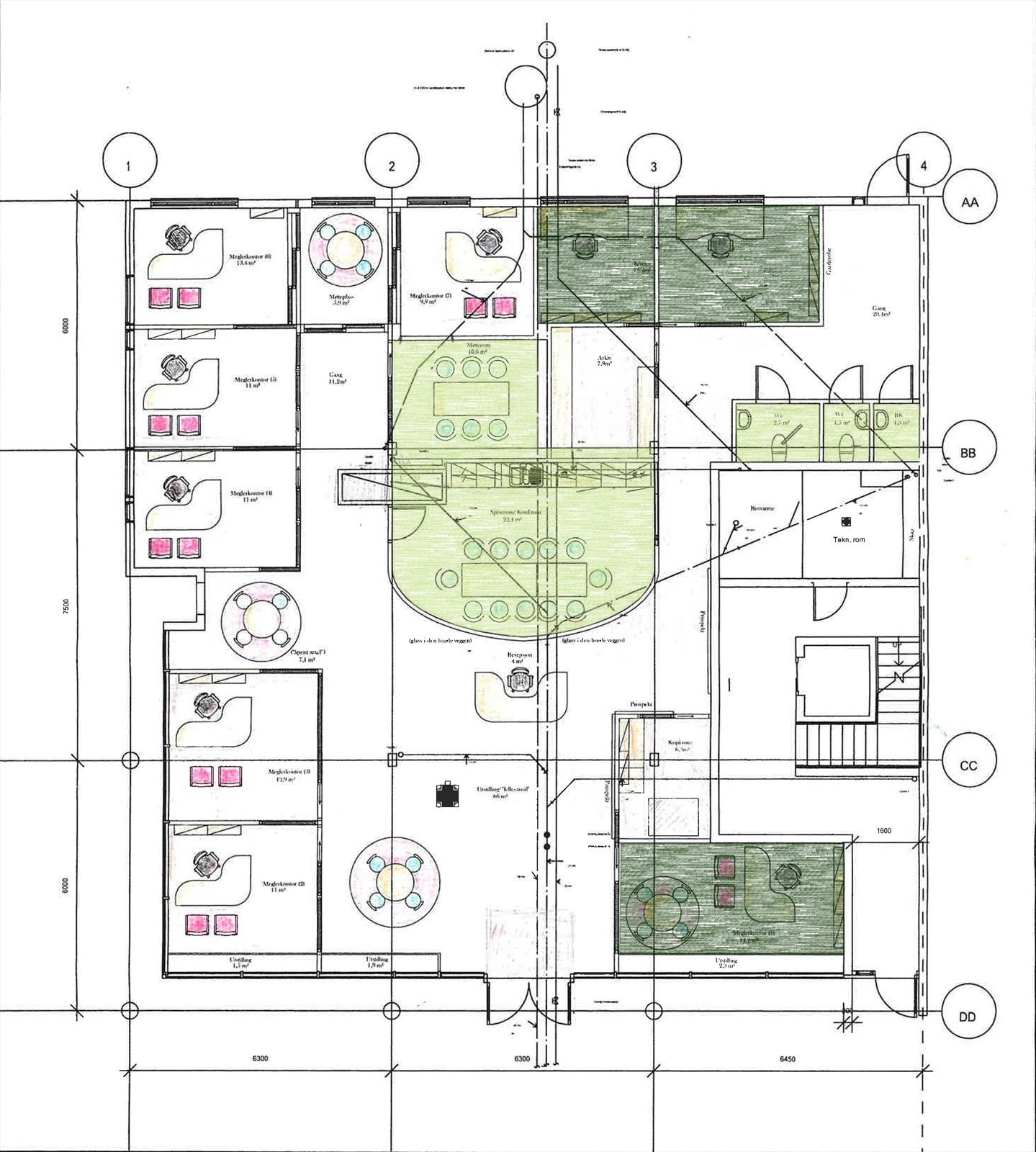 Ledige kontorer merket mørke grønt, lyse grønne er felles møte-/og kjøkken-/spiserom, og toalettrom. Galleribilde