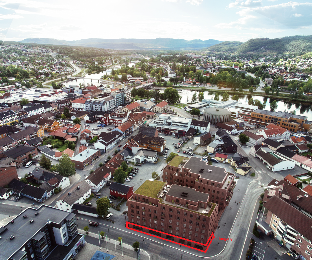 Området markert i rødt er næringslokale. Pil viser hvor inngangspartiet blir Galleribilde