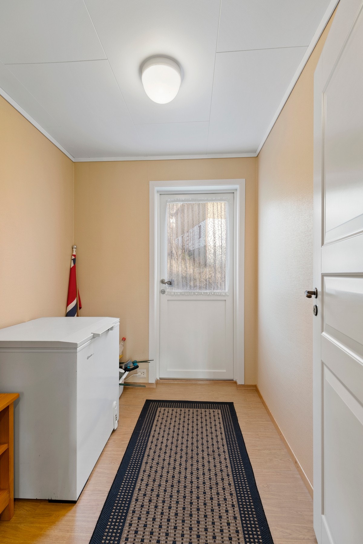 Bi-inngang/gang, i bakkant av boligen, med ytterdør og utvendig trapp Galleribilde