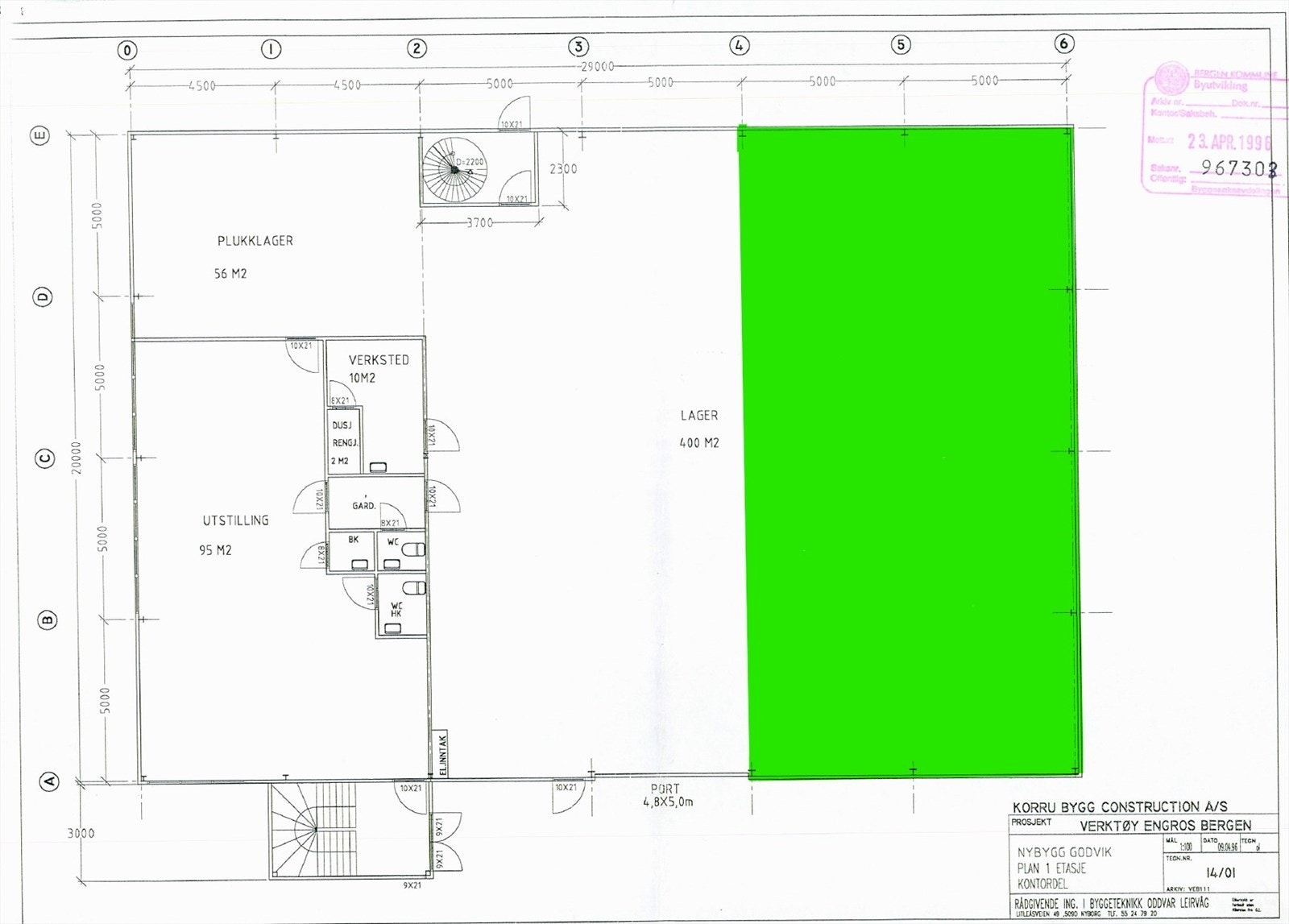 Ledig lager 1. etg. markert med grønn farge. Galleribilde