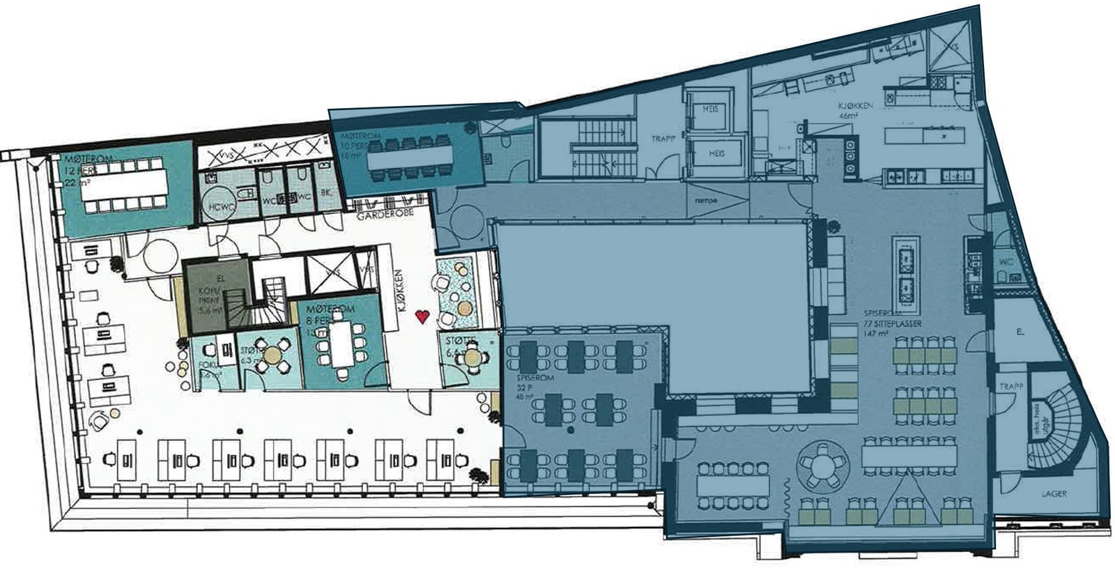 Lokalet til venstre, kantine med felles møterom merket med blått. Galleribilde