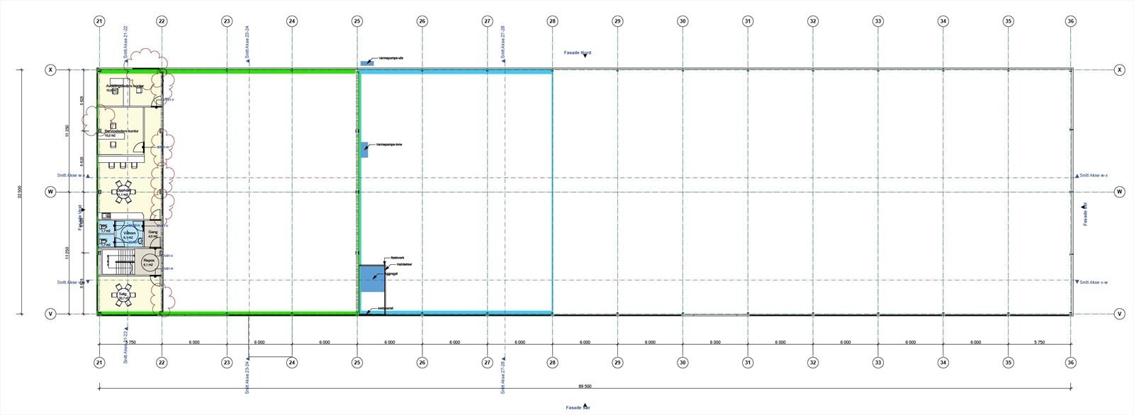 Del 1 merket med grønt. Del 2 merket med blått.