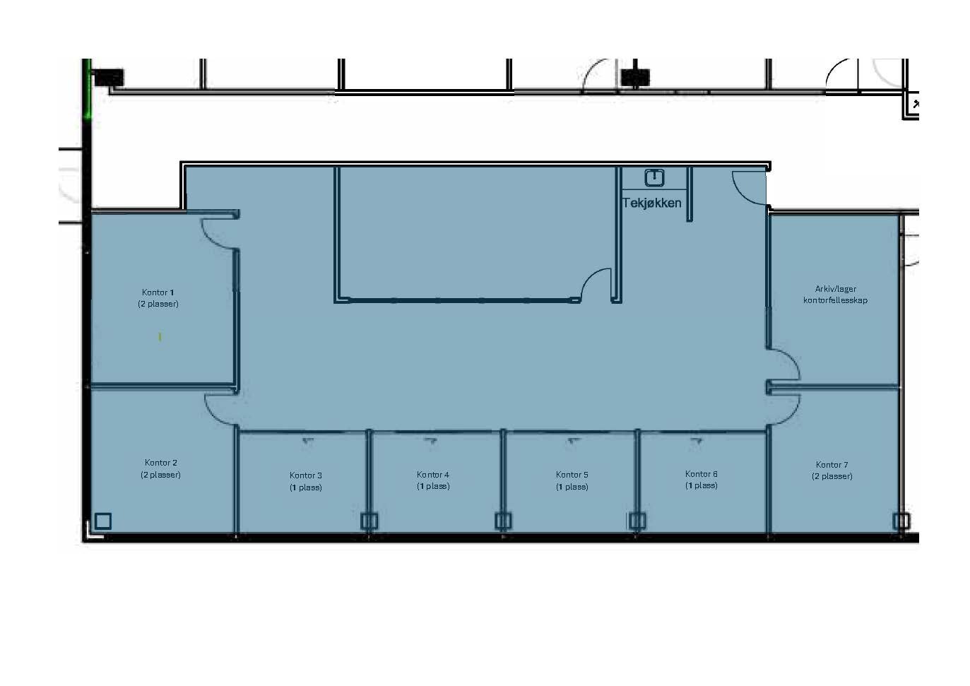 Planløsning kontorfellesskap m/felles møterom, tekjøkken og lager Galleribilde