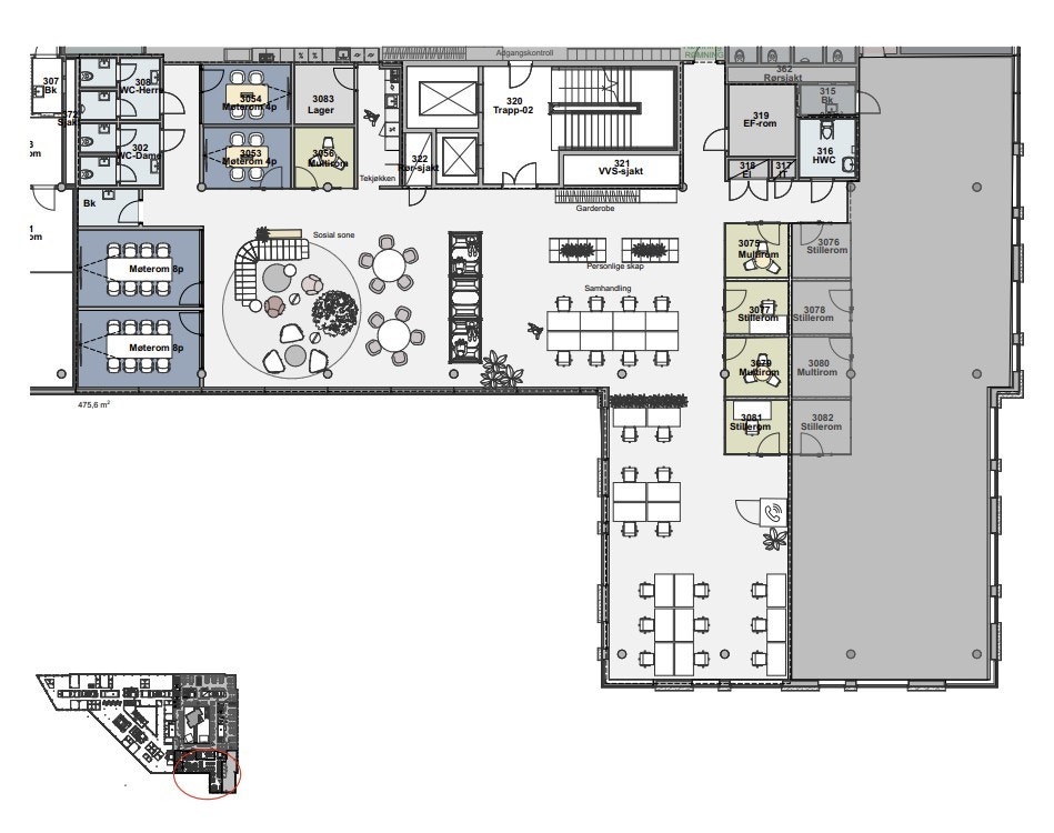 Planskisse for kontorlokaler i 3. etg Galleribilde