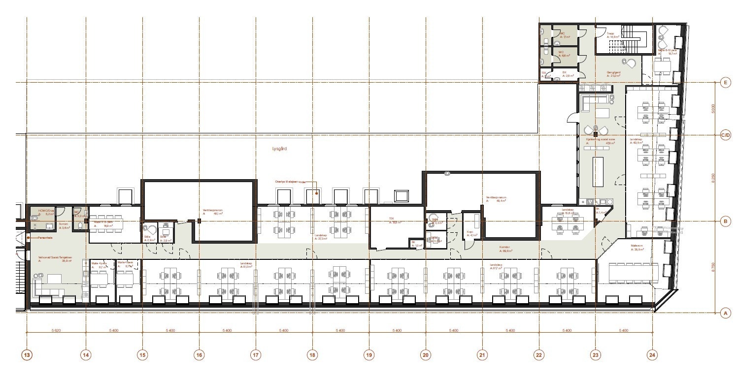 Nordfløyen er på ca. 920 kvm BTA. Galleribilde