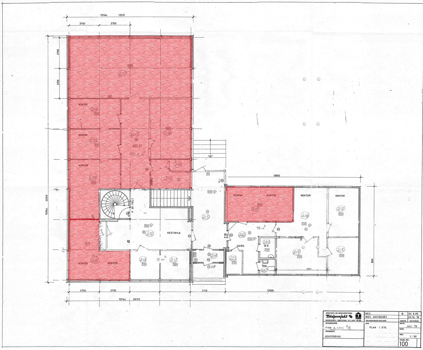 Plan 1. etg - Ledige arealer merket rødt Galleribilde