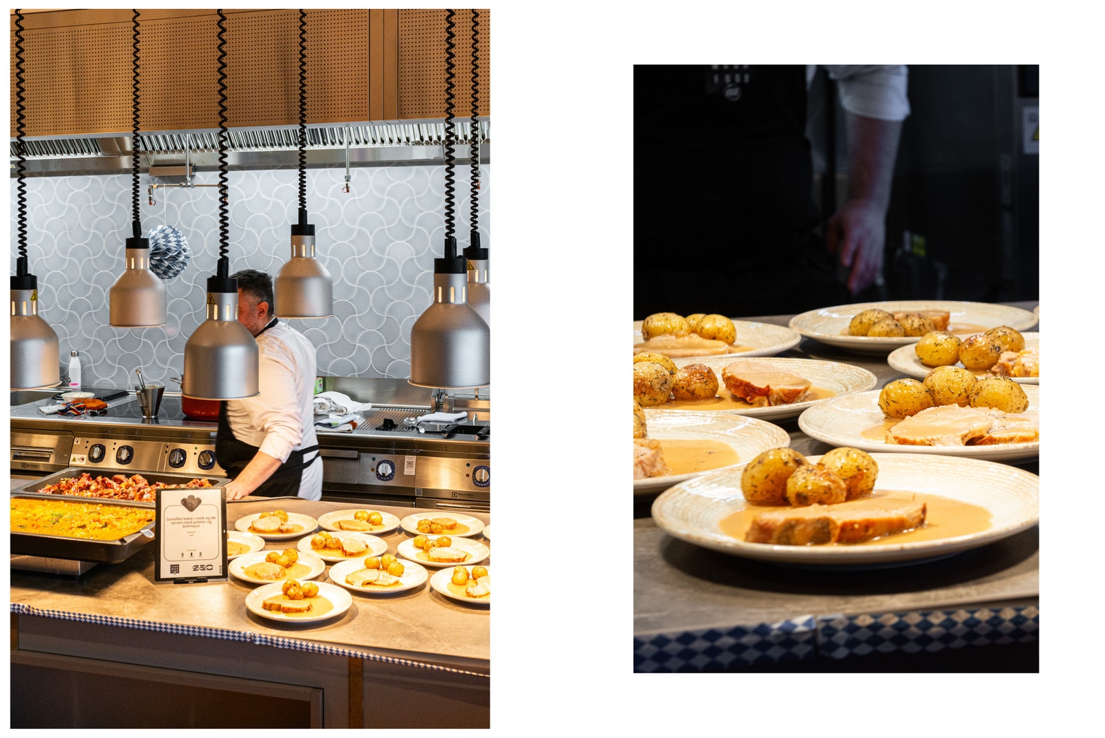 Kokkene står på for å levere kvalitetsmat hver eneste dag til byggets leietakere og gjester Galleribilde