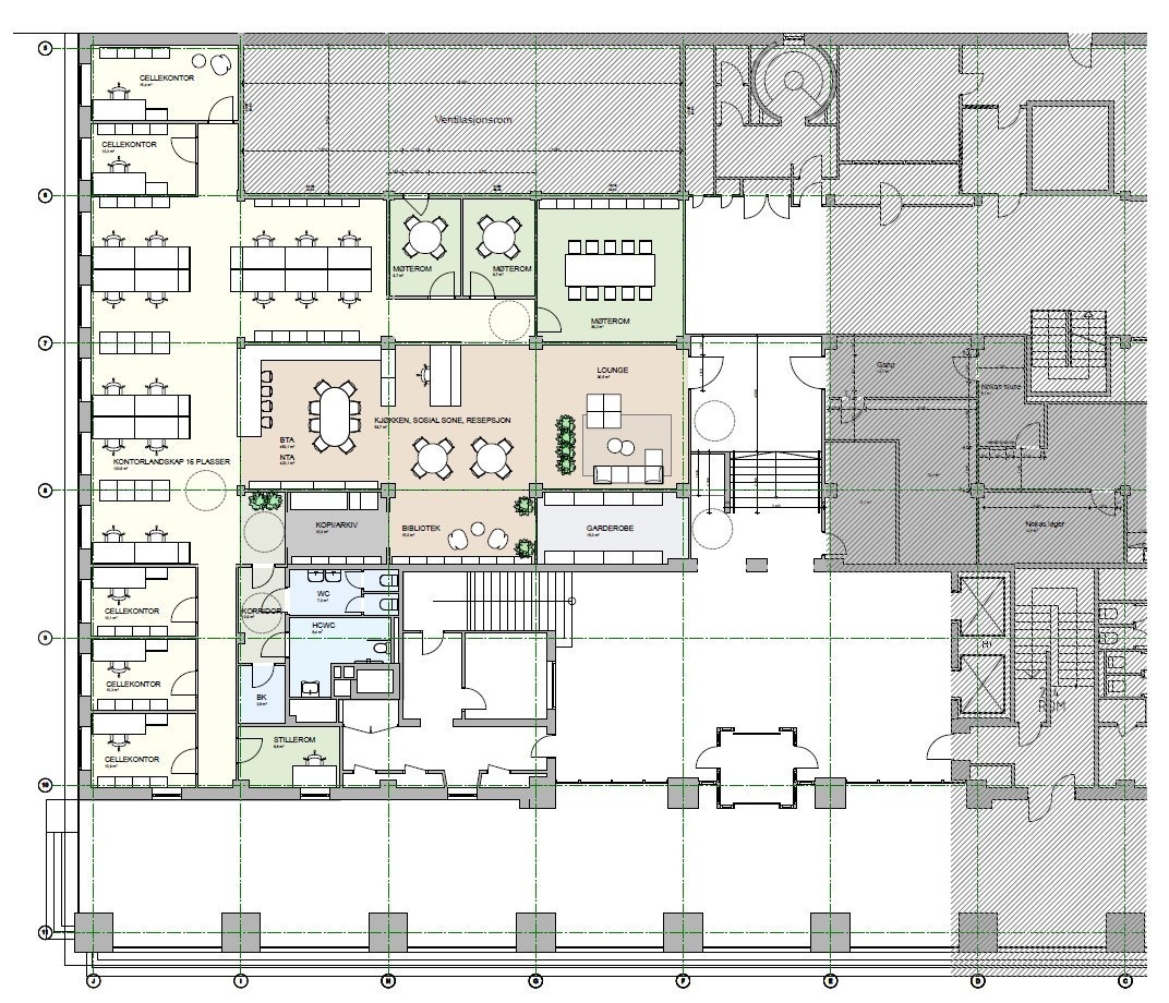 Forslag til innredning ledig areal i 1. etg med kombinasjon cellekontor og landskap.