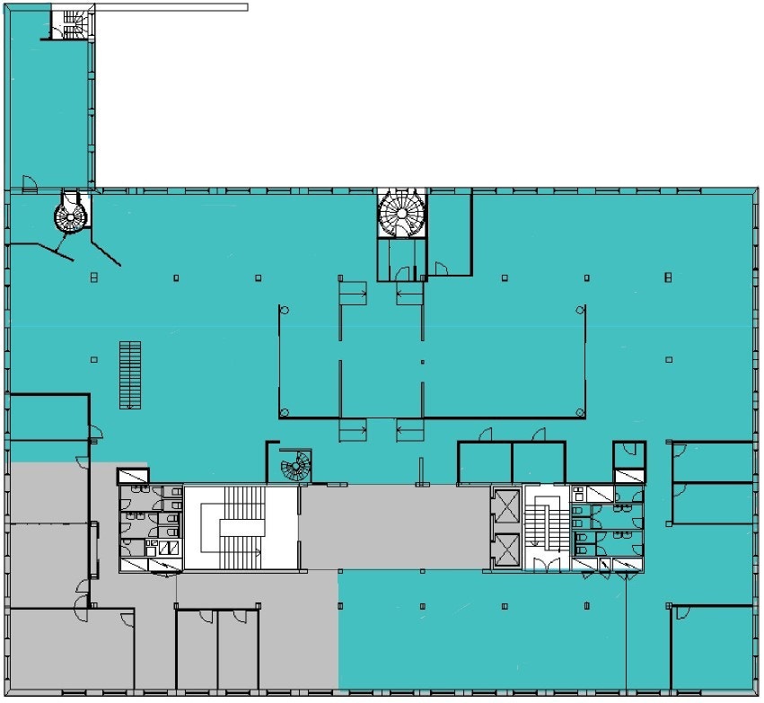 Plantegning 4. etg. BTA ca. 1700 m² ledig areal merket med turkis.