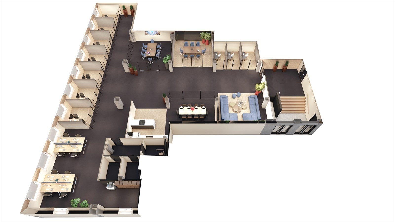 Forslag til innredning ledig areal i 1. etg med cellekontor.