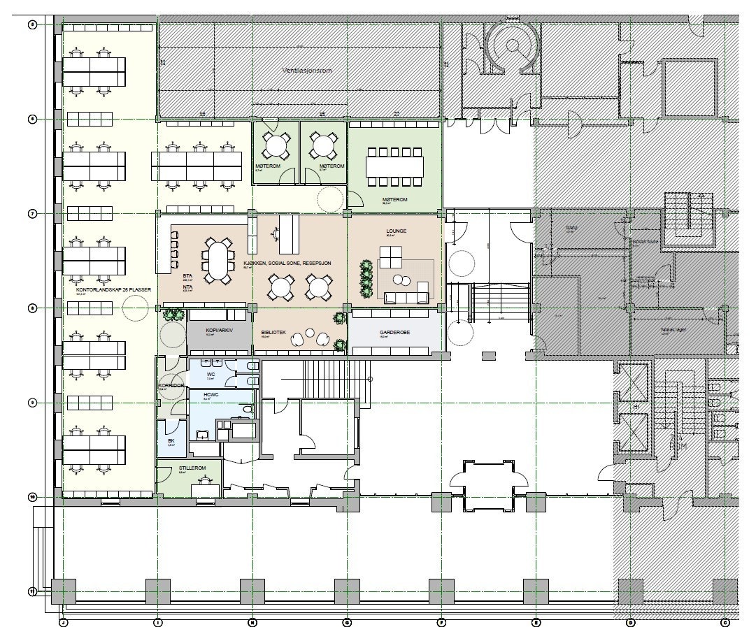 Forslag til innredning ledig areal i 1. etg. med landskap.