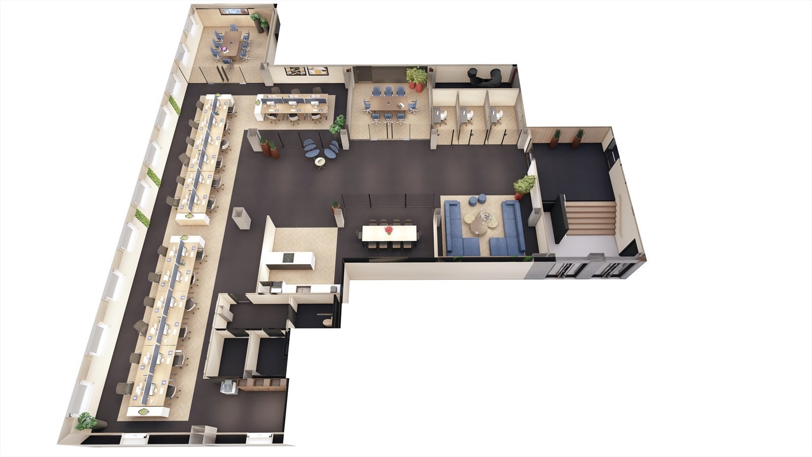 Forslag til innredning ledig areal i 1. etg med landskap.