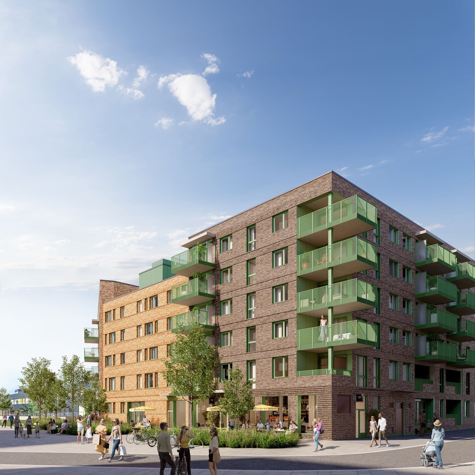 Næringsseksjonen ligger på hjørnet av bygget med areal tilrettelagt for uteservering. Galleribilde