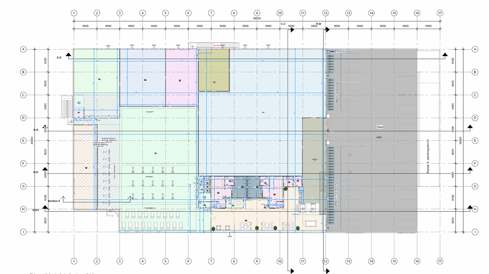 Plantegning. Det ledige arealet markert med blå farge.