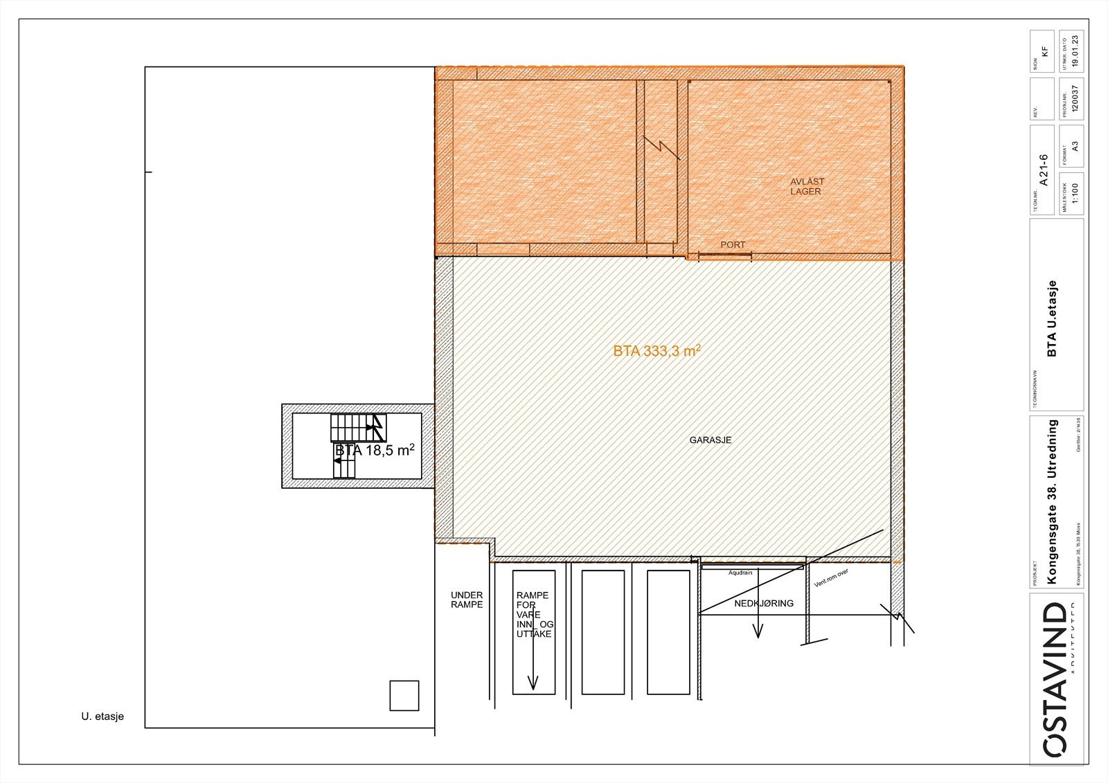 Merket orange viser ledig lager i underetg, 110 kvm. Galleribilde