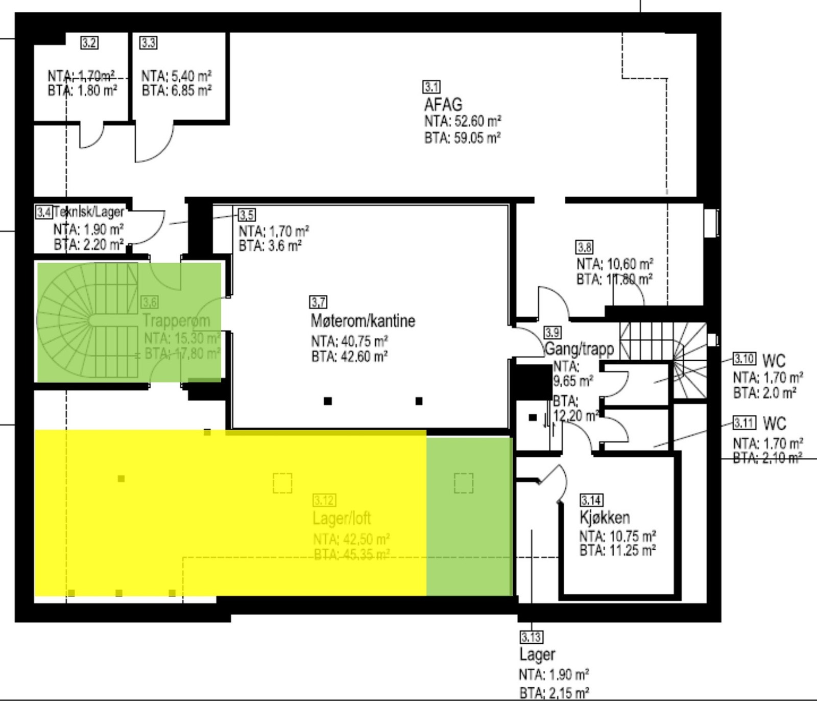 Planskisse. Det hvite arealet leies ut. Det gule er tilgjengelig lagerplass. Galleribilde