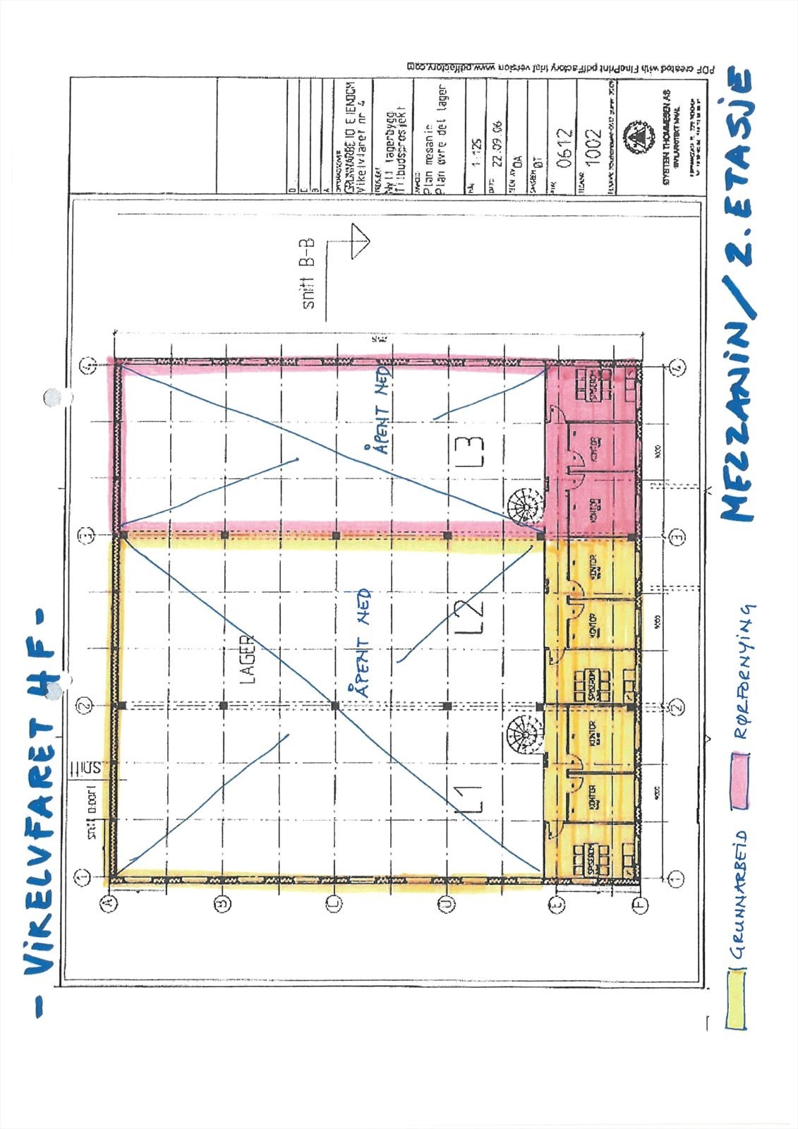 Ledig kontorareal på messanin markert gult Galleribilde