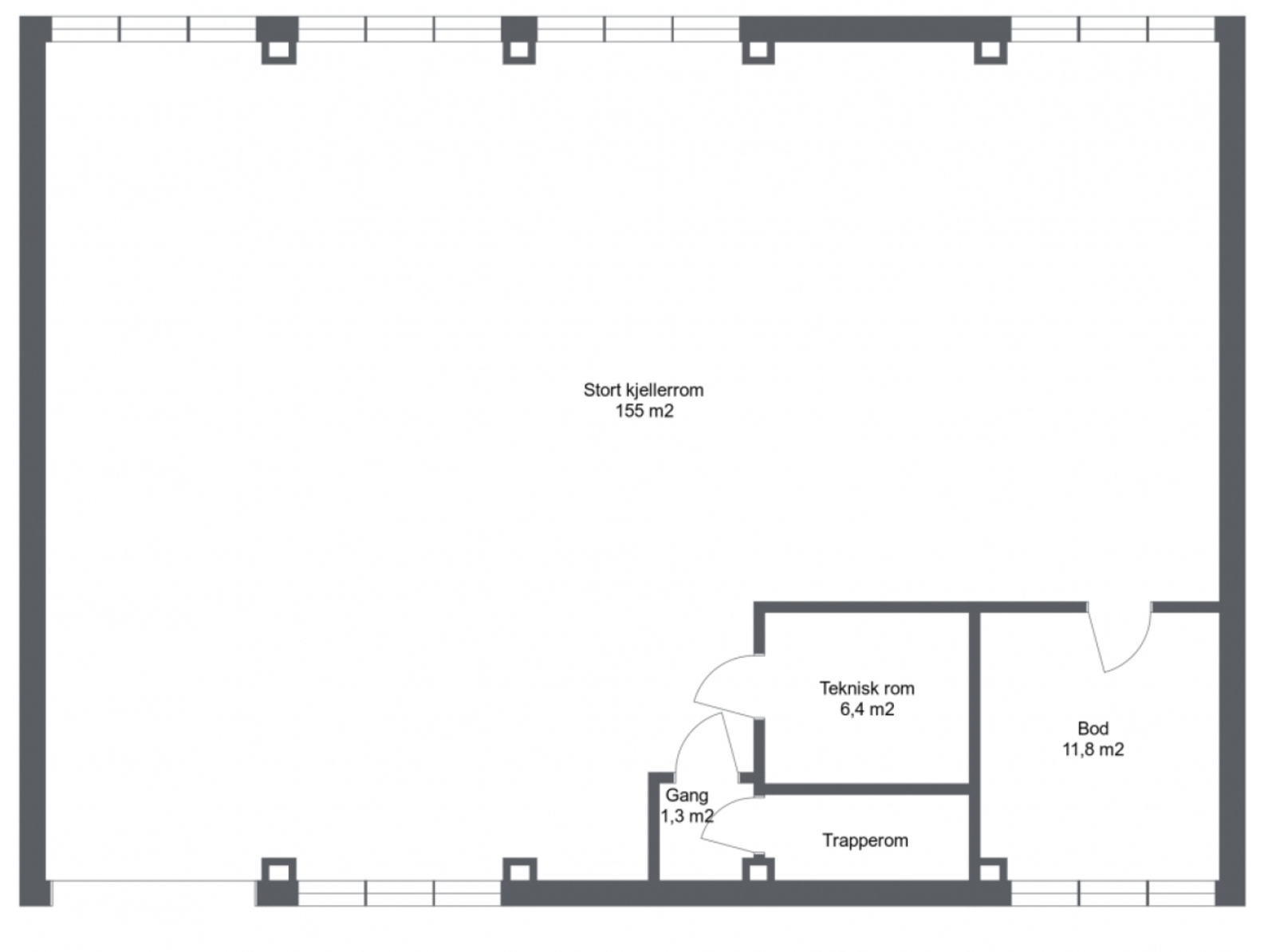 Enkel plantegning av kjellerrom som viser arealdisponeringen. Tegningen er ikke i målestokk. Angitt areal er ca. nettoarealer per rom og må ikke forveksles med eiendommens totale areal. Galleribilde