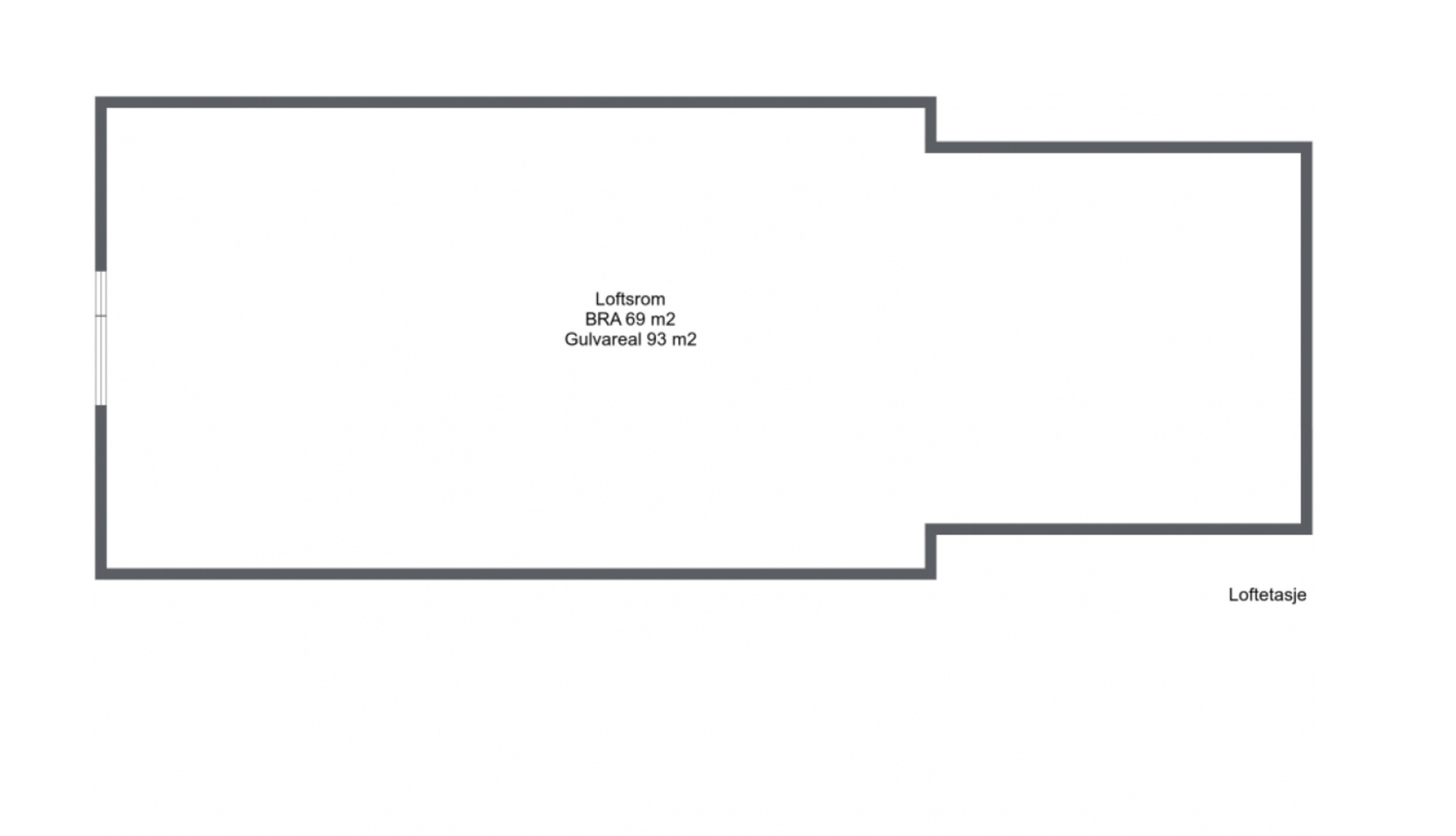 Enkel plantegning av loftetasje som viser arealdisponeringen. Tegningen er ikke i målestokk. Angitt areal er ca. nettoarealer per rom og må ikke forveksles med eiendommens totale areal. Galleribilde