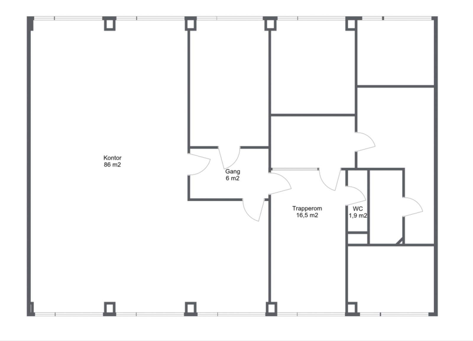Enkel plantegning av 2. etasje som viser arealdisponeringen. Tegningen er ikke i målestokk. Angitt areal er ca. nettoarealer per rom og må ikke forveksles med eiendommens totale areal. Galleribilde