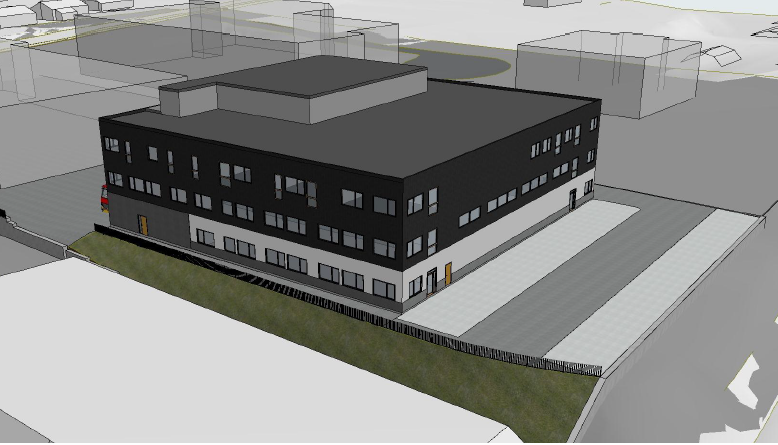 Nå har din bedrift muligheten til å etablere seg i et nybygg skreddersydd deres behov. Illustrasjon av mulig utforming, kan tilpasses leietakers ønsker om utforming. Galleribilde