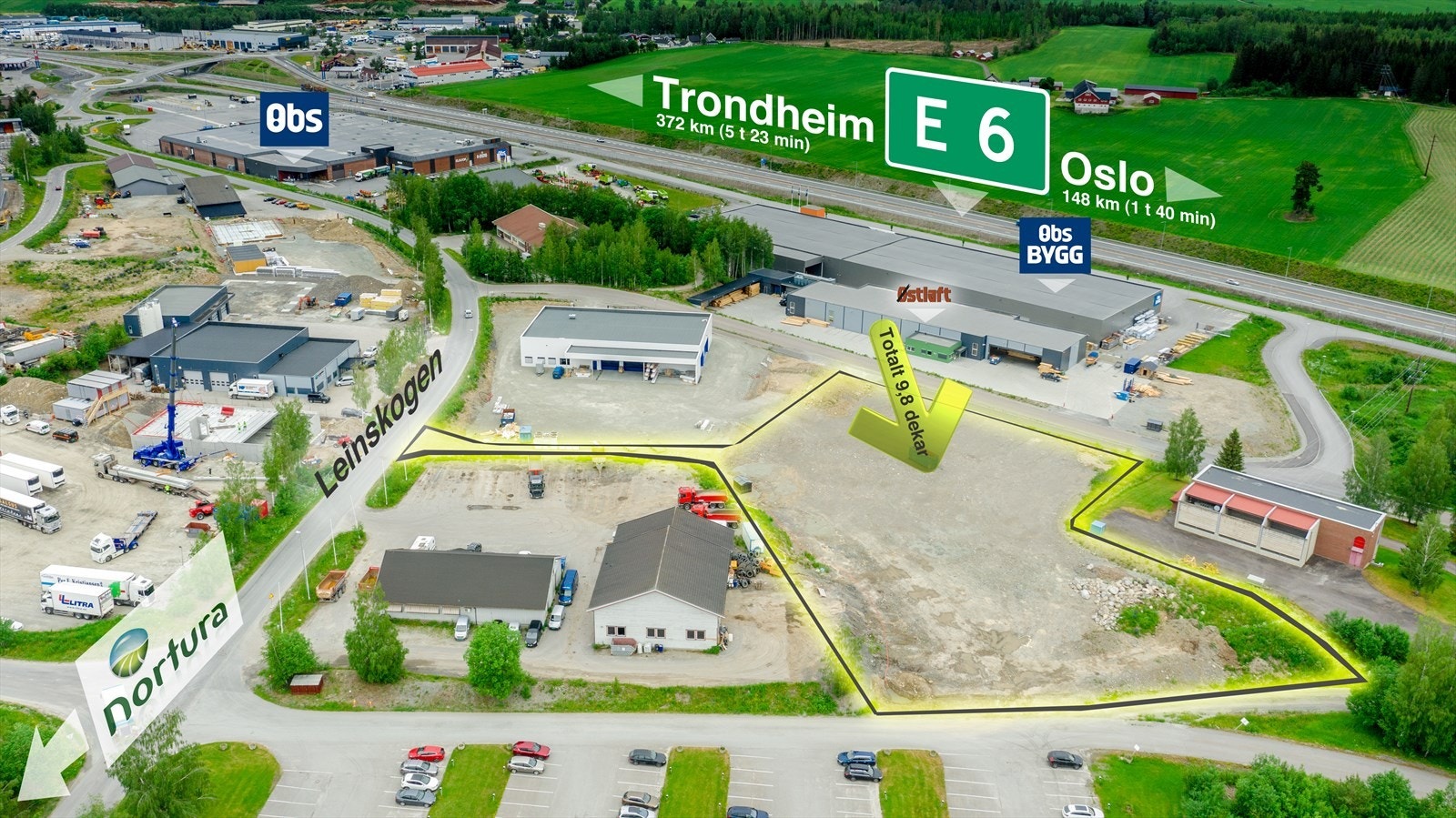 Visualisering eiendom Leinskogen mot E6 - Omriss totalarealet til begge tomtene Galleribilde