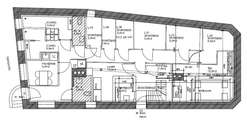Plantegning u. etg. med foreslått innredning.