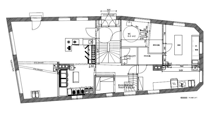 Plantegning 1. etg. med foreslått innredning.