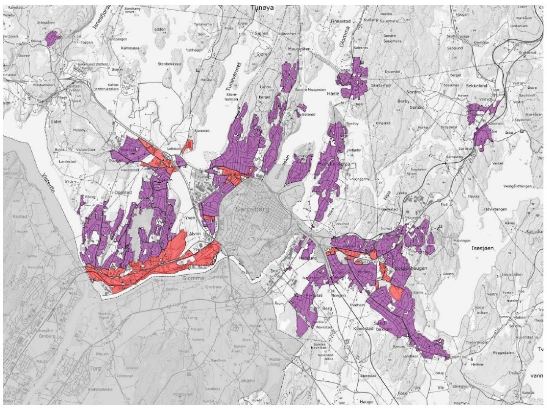 Fortettingskart fra gjeldende kommuneplan - eiendommen ligger i det røde området hvor kommunen ønsker vesentlig fortetting Galleribilde