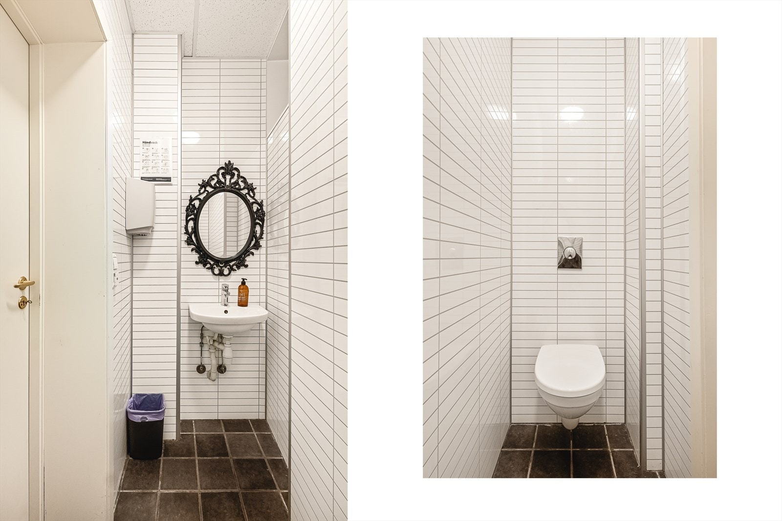 - Toalettrom med flislagt gulv, vegghengt toalett og servant - Galleribilde