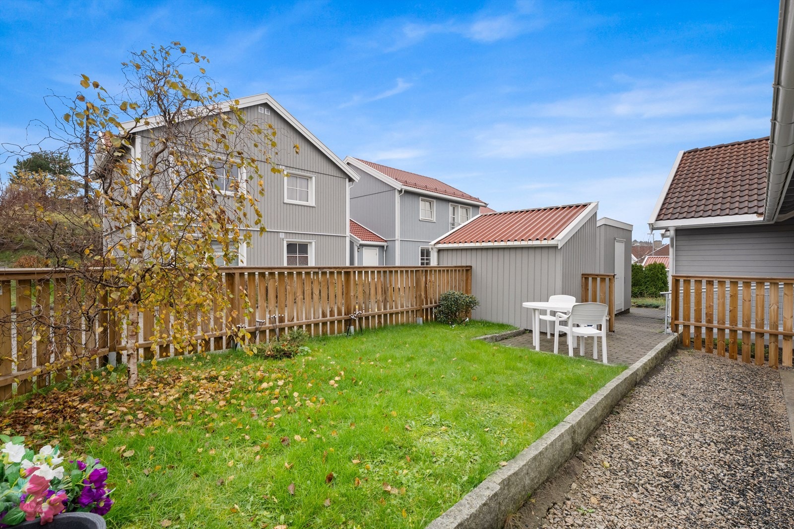 Pent opparbeidet felles tomt med gressplen og beplantning gir et grønt uteområde Galleribilde