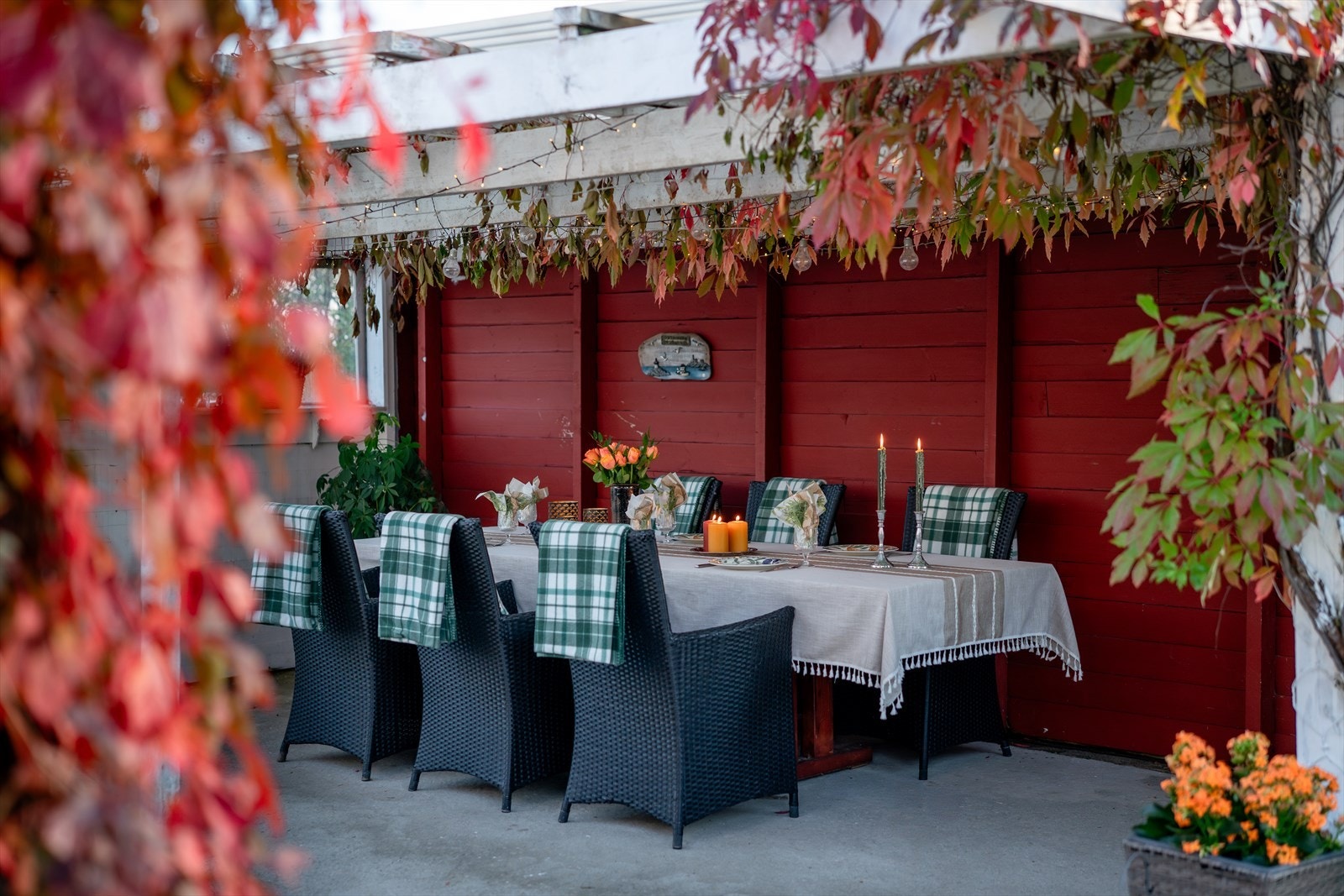 Eiendommen har flere fine uteplasser, blant annet en egen overbygd sitteplass med plass til familie og venner Galleribilde