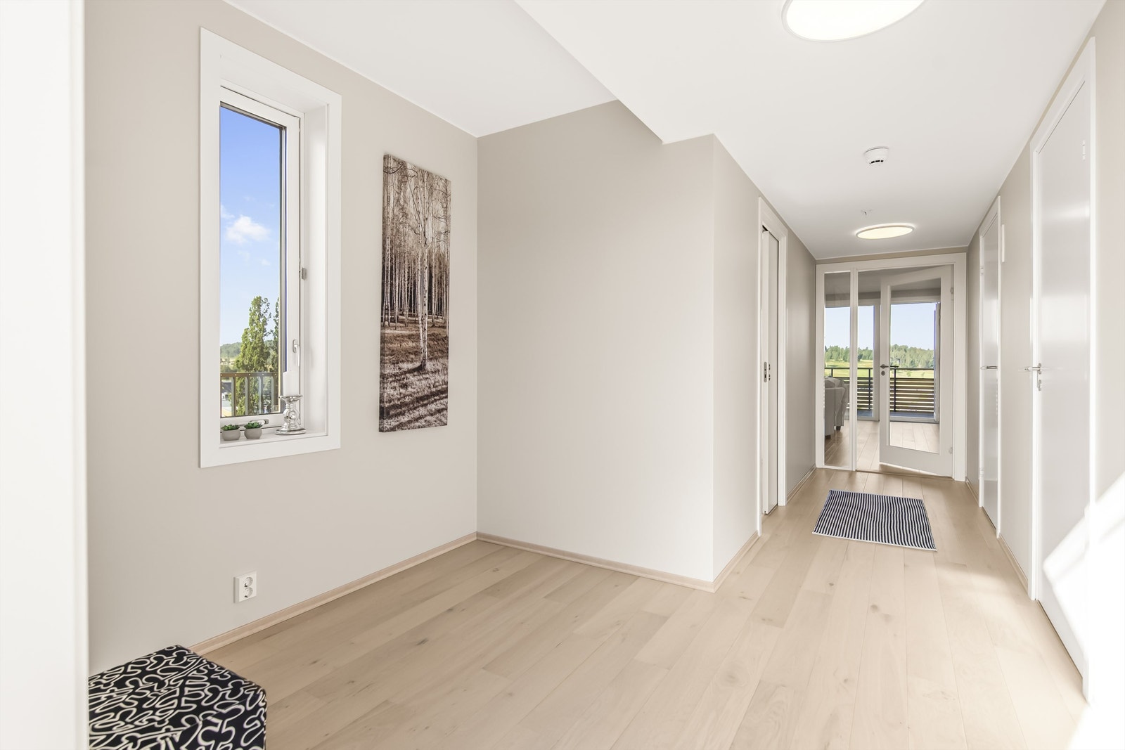 Entré hvor den elegante glassdøren med sidefelt lager et fint dele mellom allrommet og soveromsavdelingen og badet Galleribilde