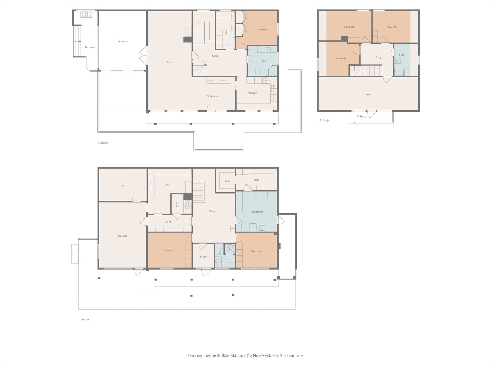 Planløsning alle etasjer.
Huset har en praktisk planløsning med 6 soverom og stue med utgang til terrasse. Galleribilde
