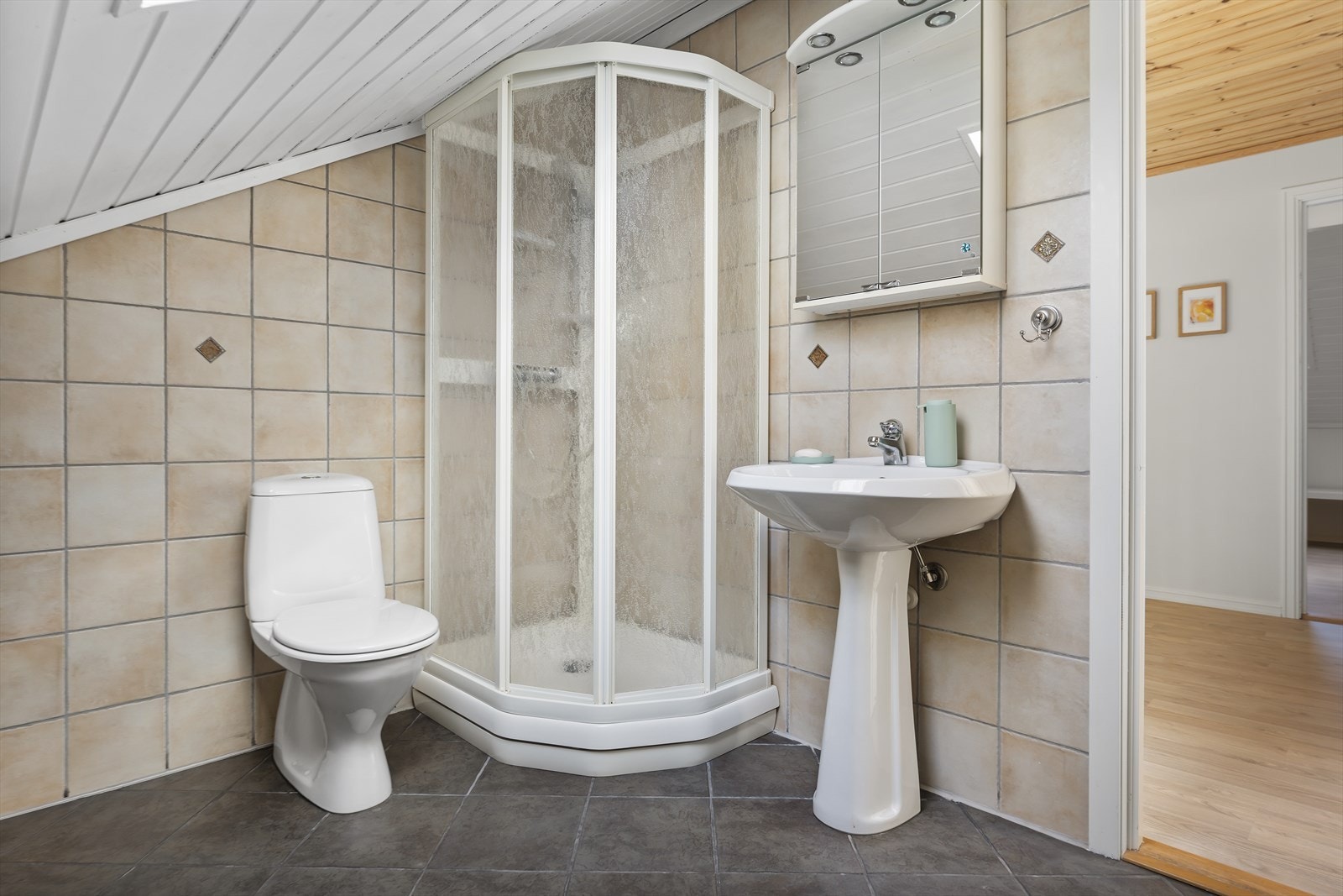 Bad på loft med servant, wc og dusjkabinett. Galleribilde