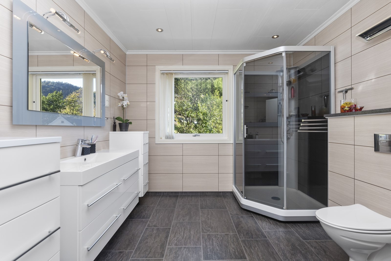 Her er dusjkabinett, servant med oppbevaring og wc. Galleribilde