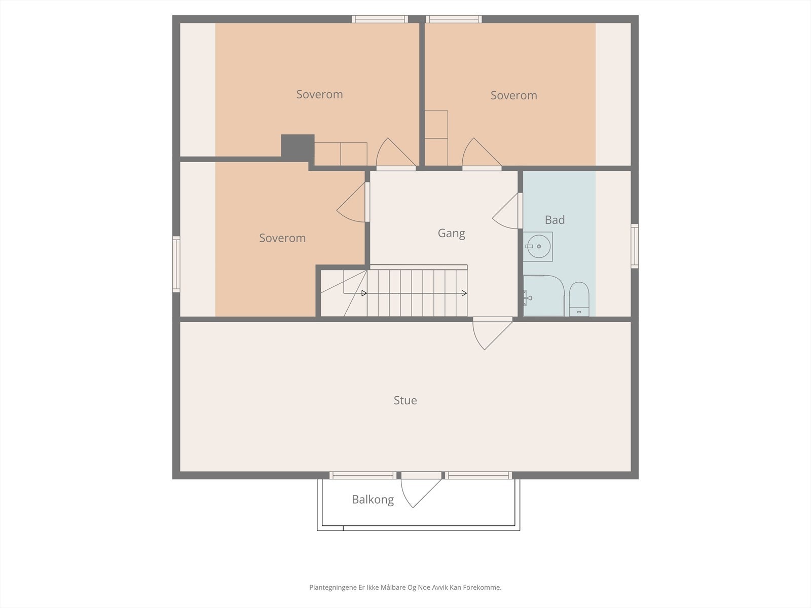 Plantegning loftsetasje.
Soverommene i øverste etasje gir privatliv og enkel tilgang til felles bad. Galleribilde