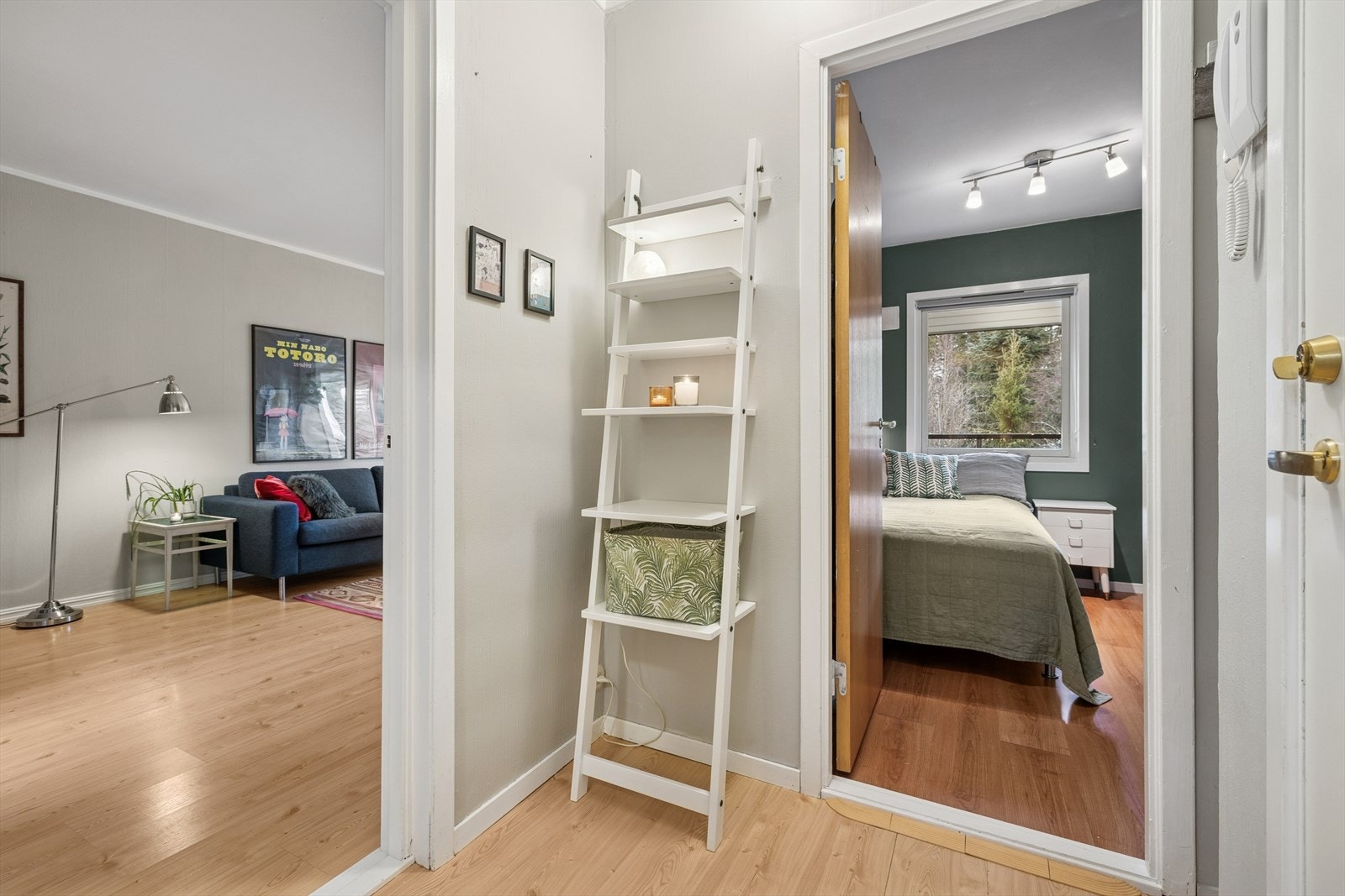 Laminatgulv i entréen gir en praktisk og slitesterk overflate. Porttelefon er plassert her. Galleribilde