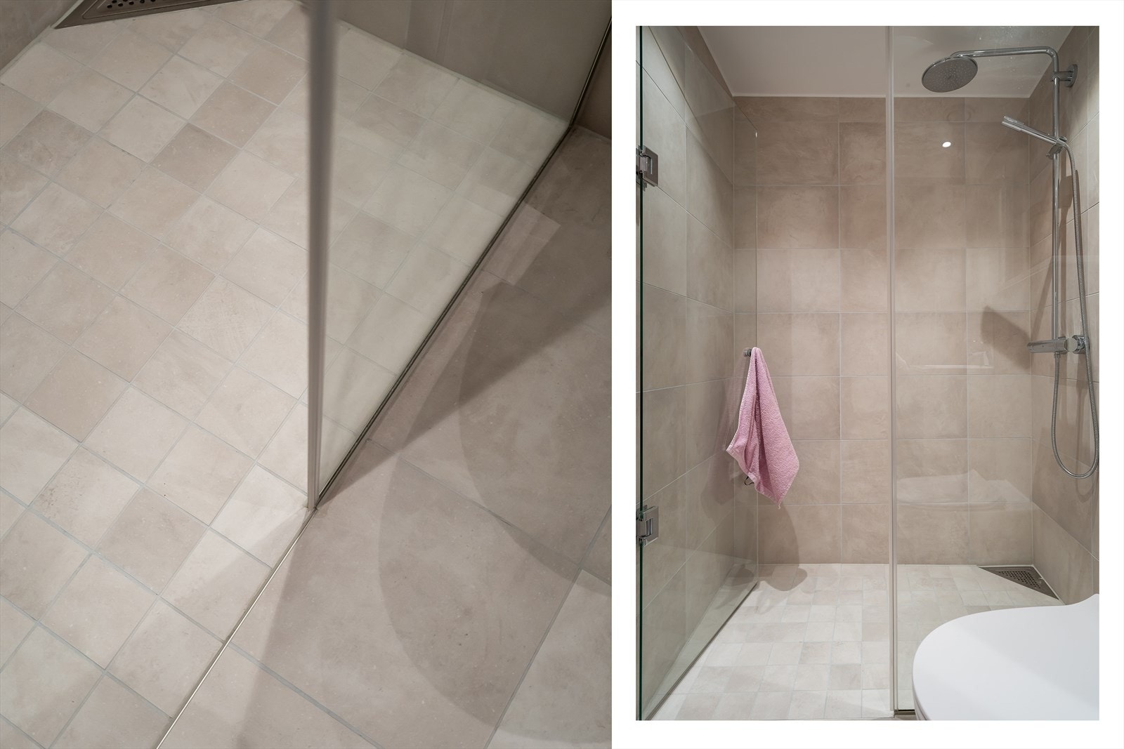 Begge er utstyrt med hvit innredning, vegghengt toalett og dusjhjørne med regnfallsdusj. Galleribilde