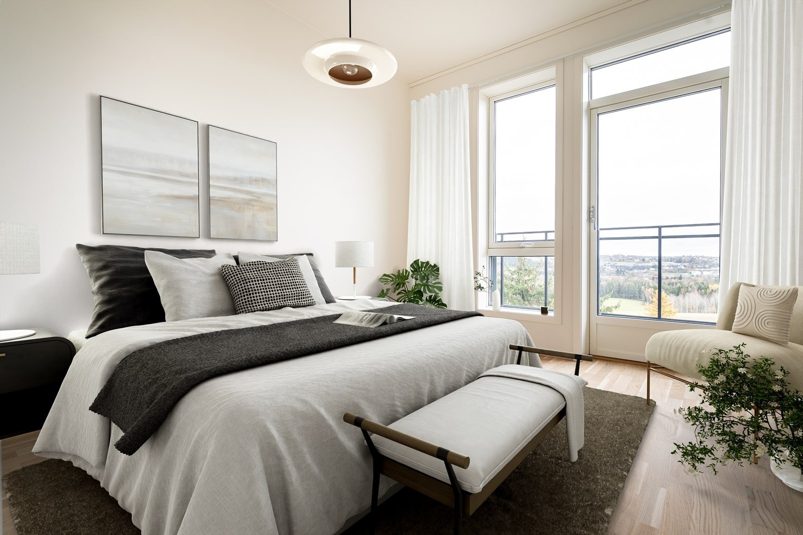 Hovedsoverommet ligger i suiteløsning, og byr på ekstra luksus i hverdagen med eget bad og balkong (bildet er digitalt møblert). Galleribilde