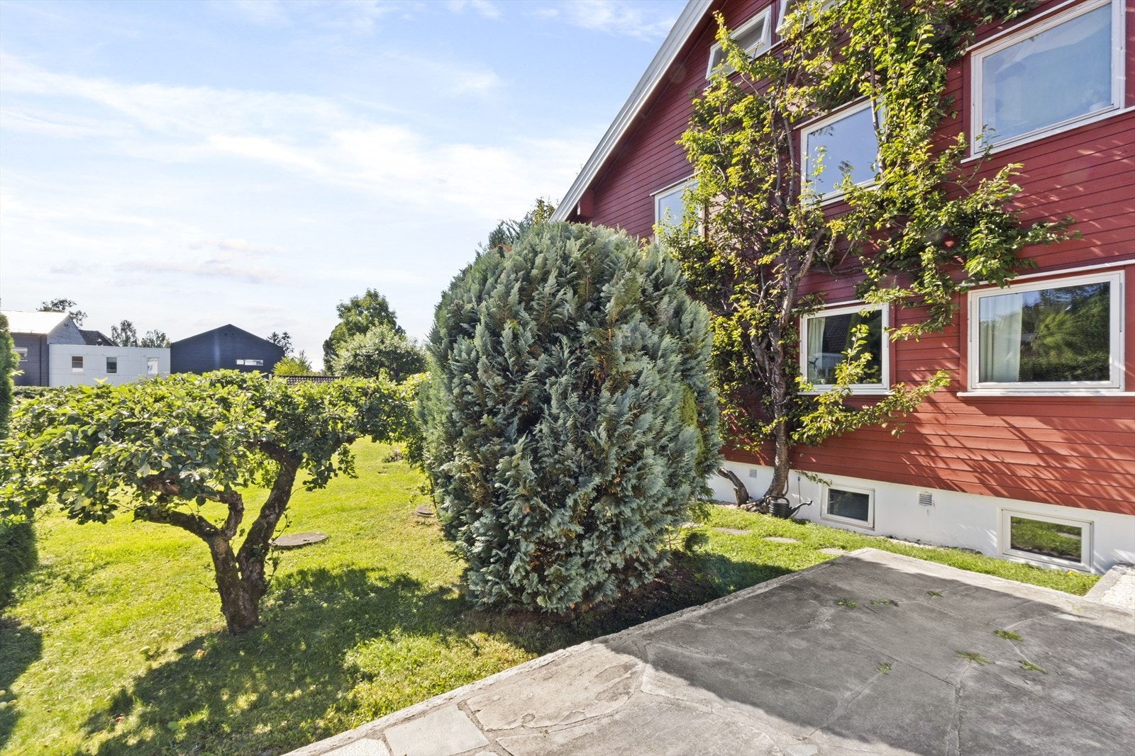 Frodige, velholdte og pent opparbeidete utearealer med blant annet frukttrær, bringebærhekk og ripsbusker Galleribilde