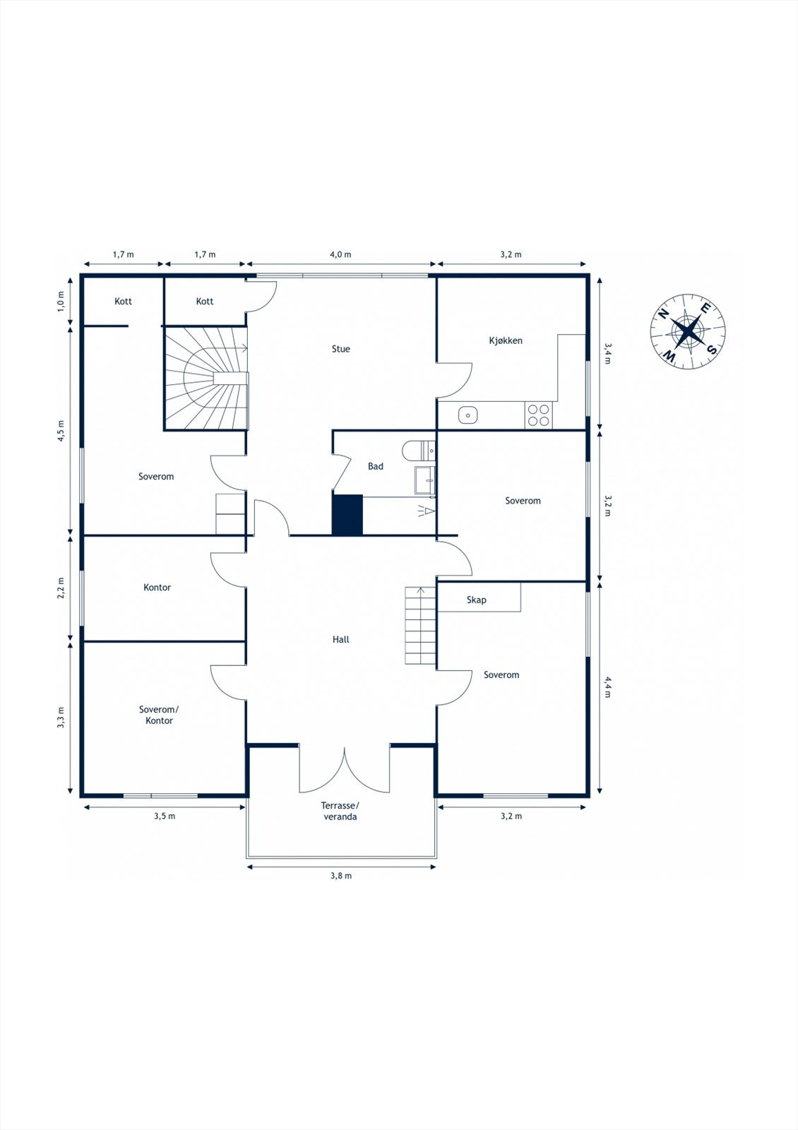 2. etasje BRA-i 118 m²: Stue, kjøkken, bad, tre soverom, soverom/kontor, kontor og hall Galleribilde