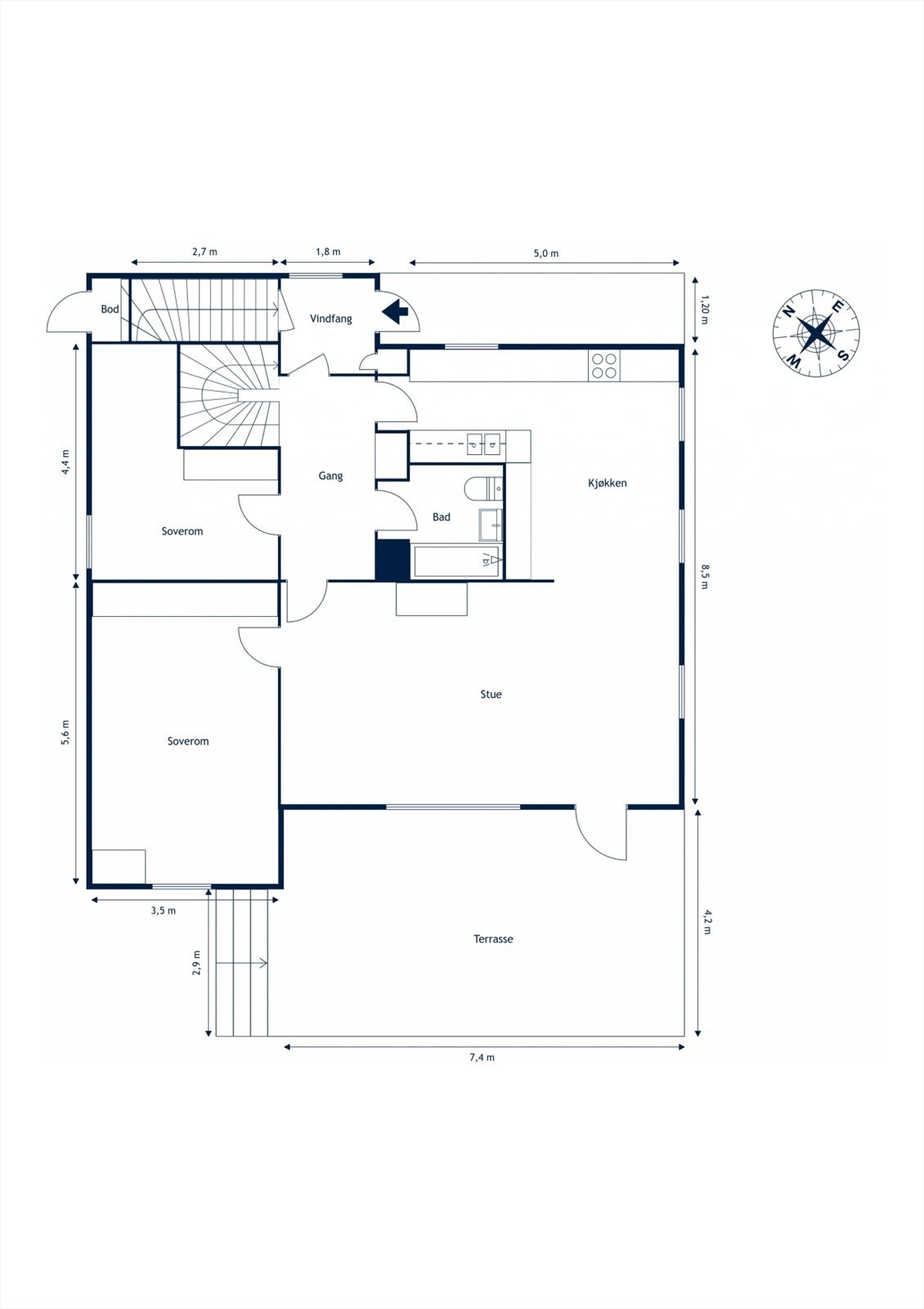 1. etasje BRA-i 108 m²: Vindfang, gang, kjøkken, stue, to soverom og bad. Utvendig bod er oppmålt til ca. 1 m² BRA-e Galleribilde
