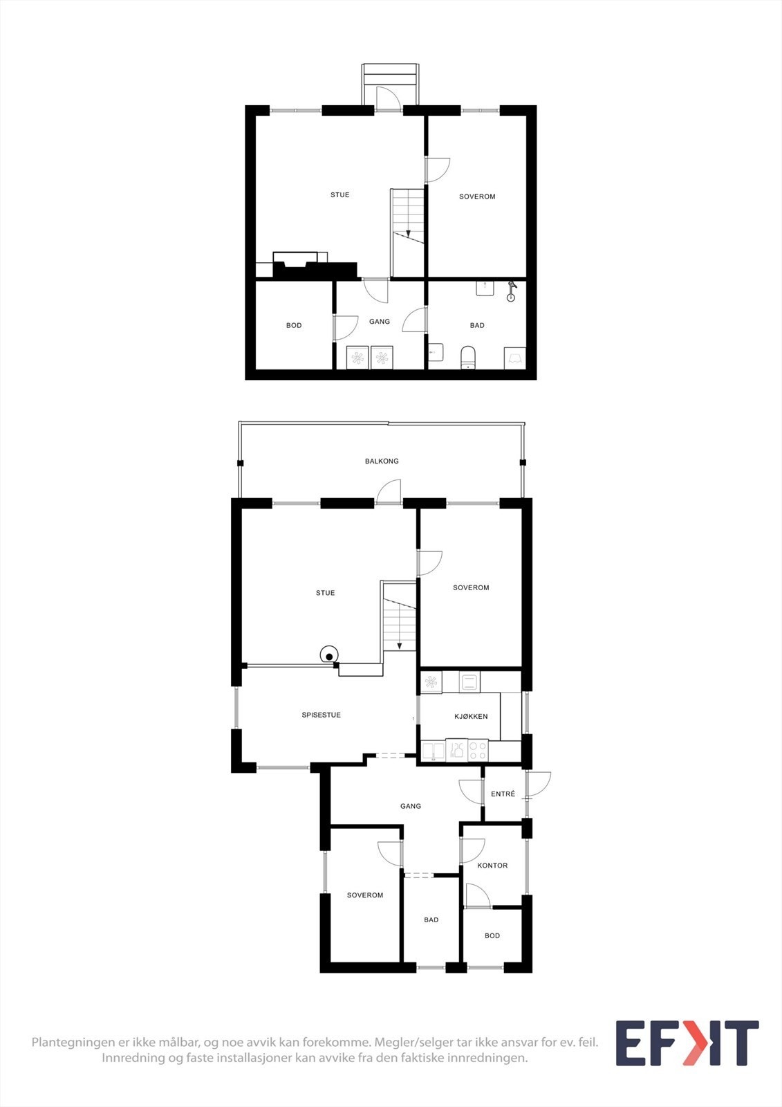 Plantegningen gir en samlet oversikt over boligens to plan og romfordeling. Galleribilde