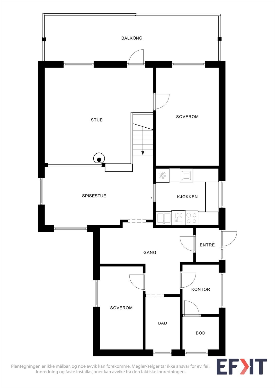Plantegningen for første etasje viser en praktisk planløsning med blant annet to soverom og stue. Galleribilde