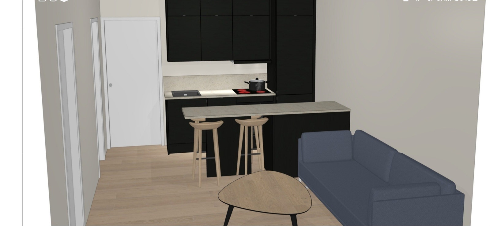 Tegning av sort kjøkken og kjøkkenøy fra Sørlandskjøkken Galleribilde