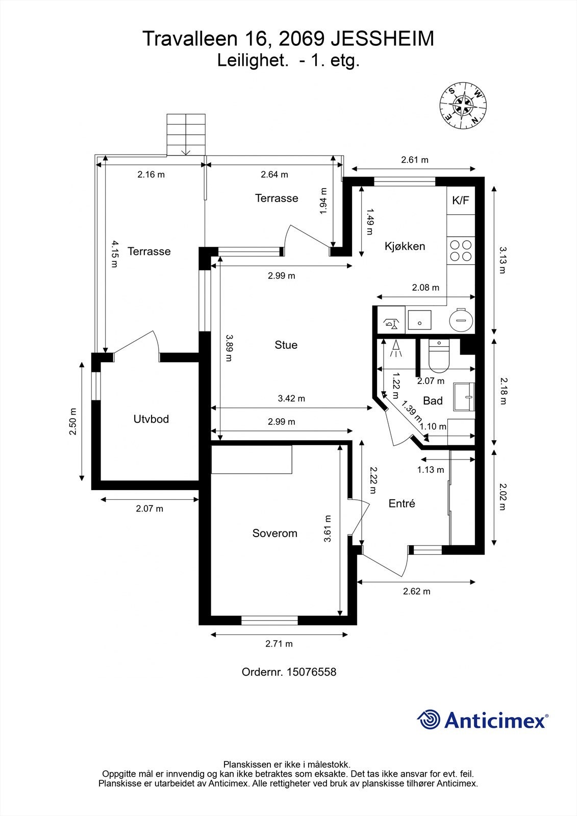 Plantegning med innvendige mål og himmelretning. Galleribilde