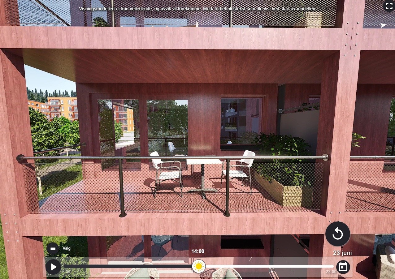 Ca. 8 kvm vestvendt hjørnebalkong i 2 etg. Vender inn mot gårdshage. Galleribilde